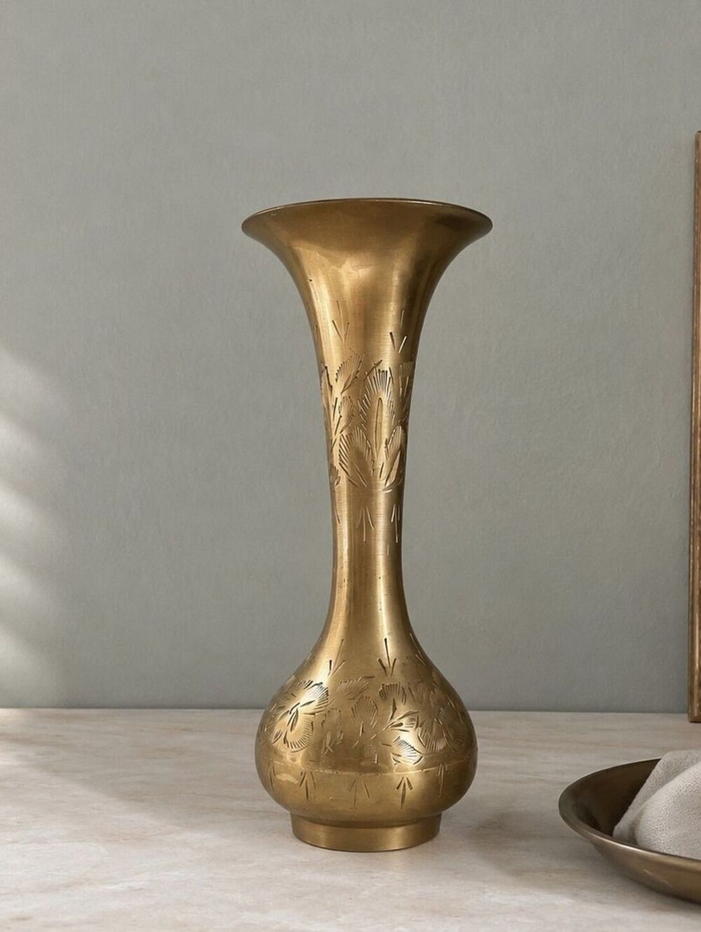 Vintage Etched Brass Bud Vase | Floral Boho Decor